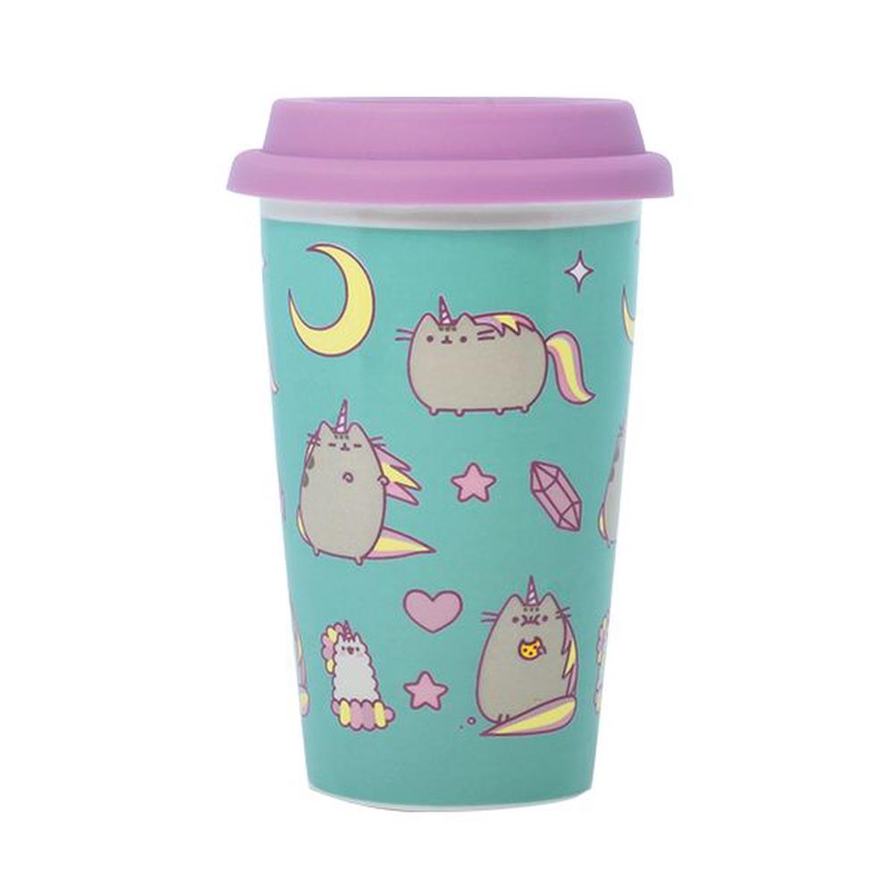 Pusheen the Cat Unicorn Ceramic Double Walled Travel Mug Blue with Silicone Lid